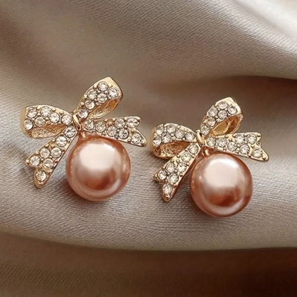 Jewelry - Pearl and Rhinestone Bow Stud Earrings Rose